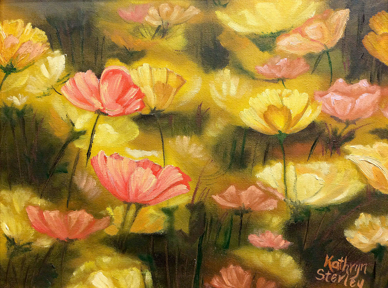 “Golden Floral,” a painting by Kathy Sterley, is displayed through October at the Arts of Snohomish gallery.