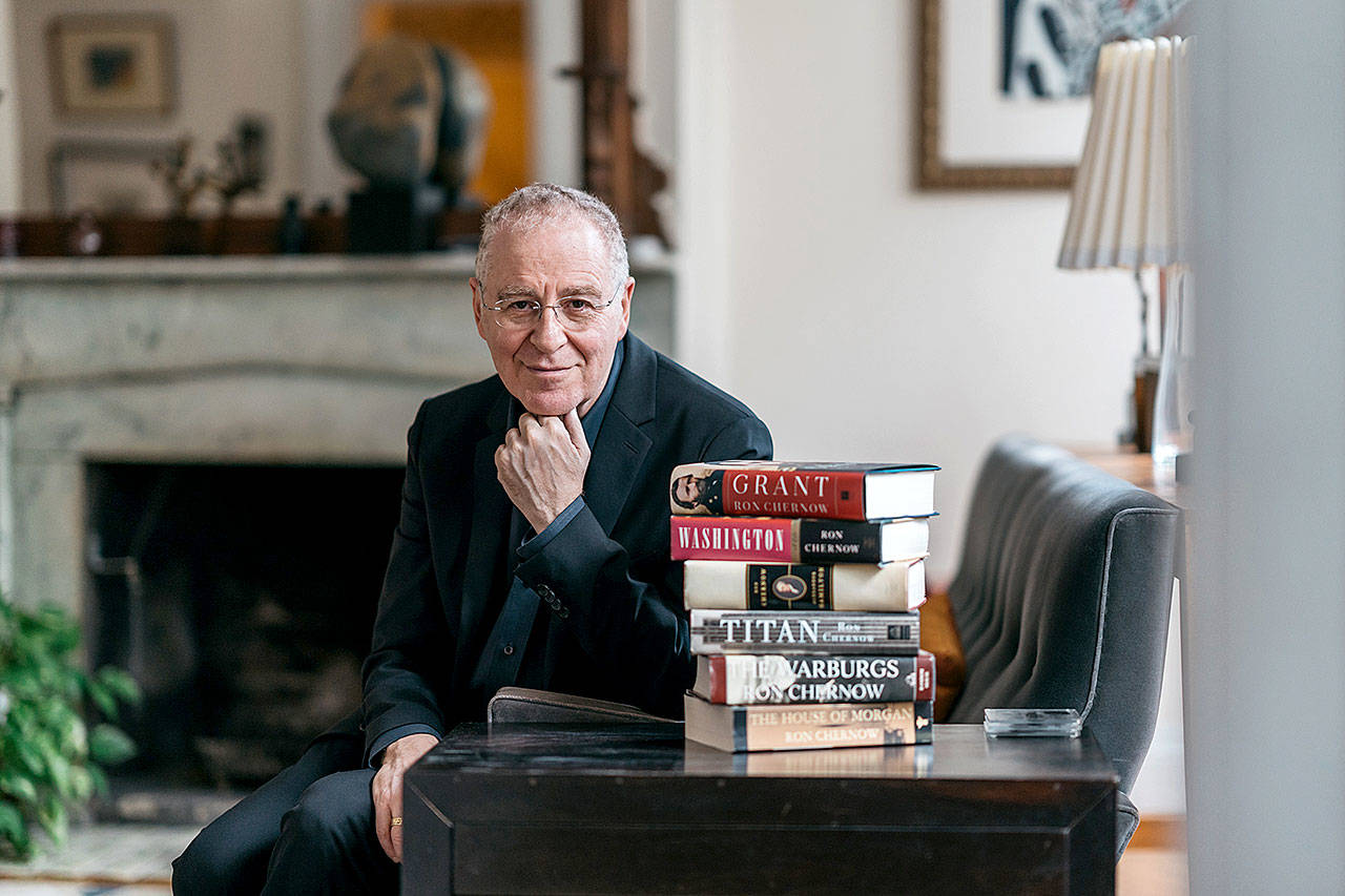 Ron Chernow in his Brooklyn Heights home. The author of numerous lengthy biographies, most notably “Hamilton,” has written a 1,074-page book on Ulysses S. Grant. (Photo for The Washington Post by Michael Rubenstein)