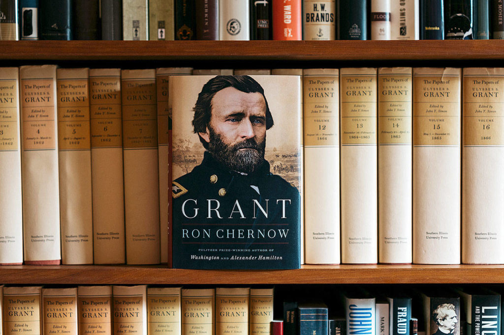 Ron Chernow’s 32-volume collection of Ulysses S. Grant papers lines a bookshelf in his office. (Photo for The Washington Post by Michael Rubenstein)
