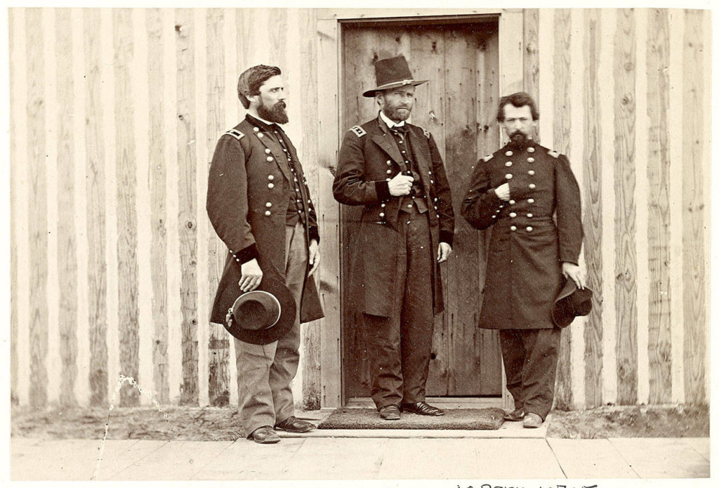 Gen. U.S. Grant, center, with John Rawlins, left, and an unidentified officer. Rawlins was Grant’s chief of staff, trusted adviser and conscience during the Civil War and the indispensable watchdog of Grant’s drinking problem. (Library of Congress)
