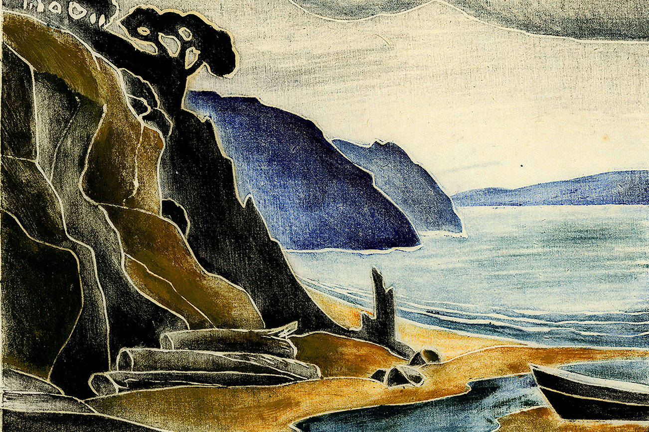 Elizabeth Warhanik’s white-line, color woodblock print “On Puget Sound,” currently is exhibited at the Cascadia Art Museum in Edmonds.