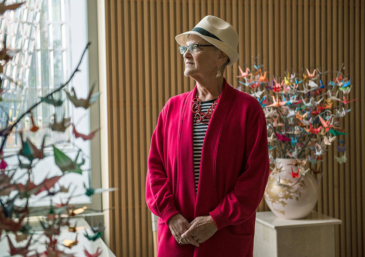 Teri Giangreco, of Vancouver, who was diagnosed with ovarian cancer in January and is still undergoing treatment stands for a portrait at Salmon Creek Medical Center. (Alisha Jucevic/The Columbian via AP)