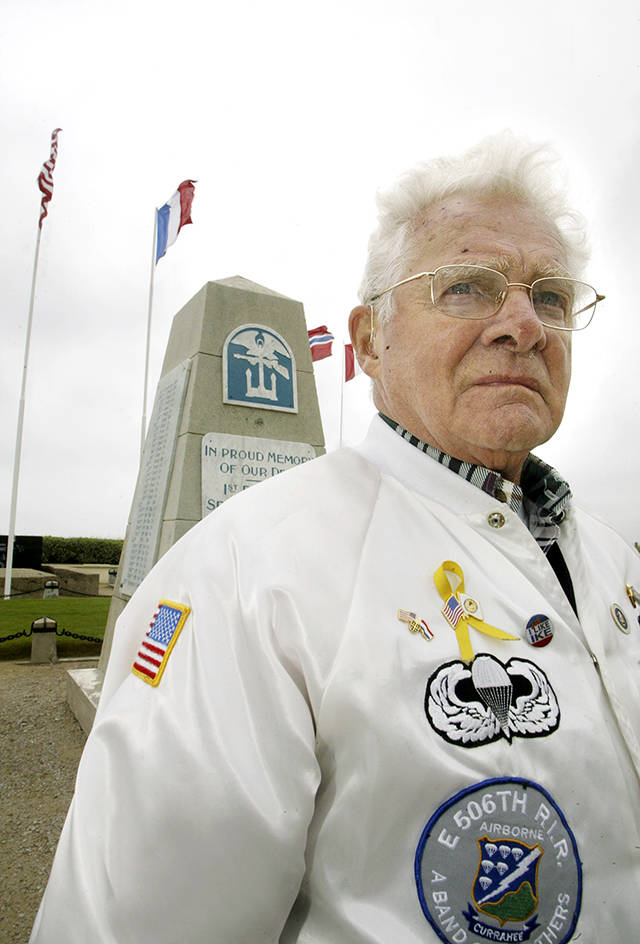In this 2005 photo, Don Malarkey, American veteran from the 101st airborne “Easy” Company,” attends ceremonies to commemorate the Allied D-Day landings of World War II, on Utah Beach, northwestern France. (AP Photo/Franck Prevel, File)