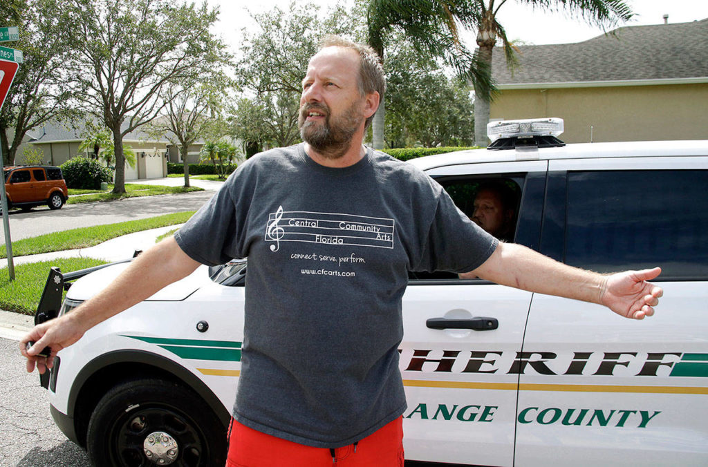 Eric Paddock, brother of Las Vegas gunman Stephen Paddock, speaks to members of the media near his home on Monday in Orlando, Florida. Paddock told the Orlando Sentinel: “We are completely dumbfounded. We can’t understand what happened.” (AP Photo/John Raoux)
