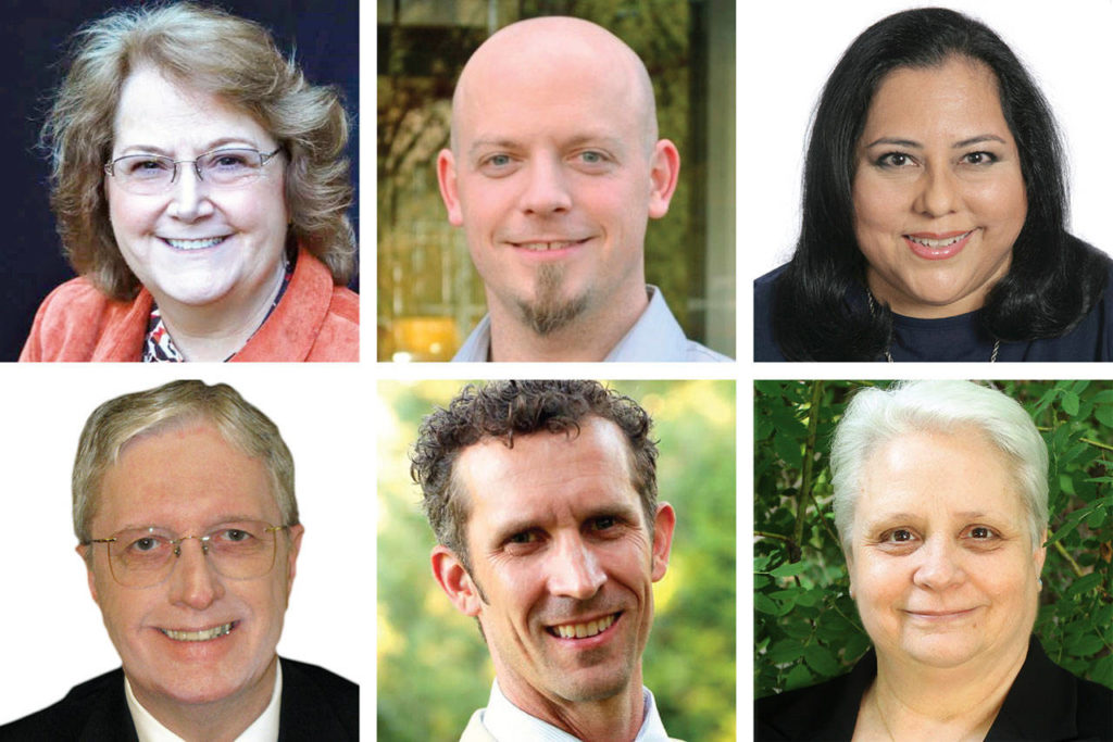 Lynnwood City Council candidates: Position 1, Christine Frizzell (top left top) and Van AuBuchon (bottom left); Position 2, Ian Cotton (top center) and Shanon Tysland (bottom center); Position 3, Rosamaria Graziani (top right) and Ruth Ross (bottom right).
