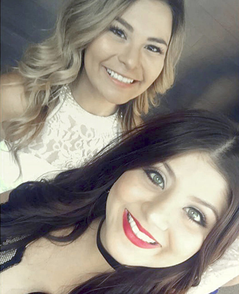 This photo shows a 2017 self-portrait by Karessa Royce, 22 (lower right), and her friend Pam Rios in Las Vegas. When Royce was wounded in the mass shooting in Las Vegas on Sunday, Rios rushed her to an ambulance which took her to a hospital. She was shot in the shoulder and is in intensive care following surgery for a collapsed lung, but is expected to survive. (Marissa Nino/Karessa Royce via AP)
