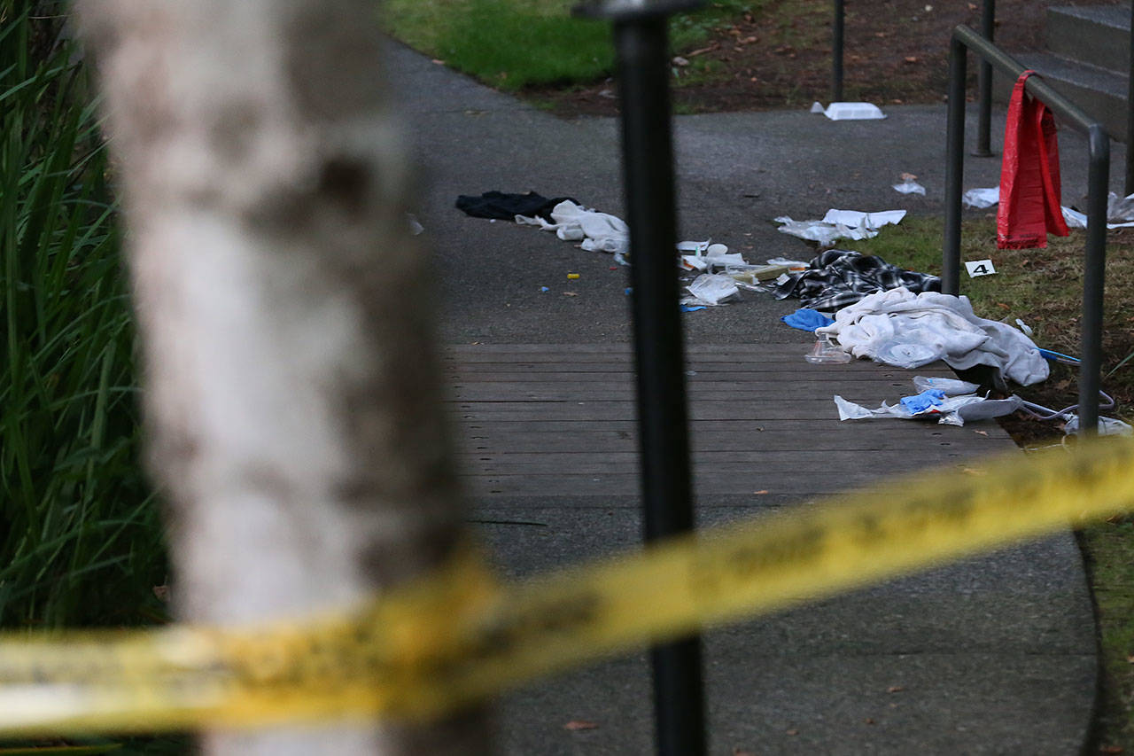 A boy was found shot in a breezeway at Walden Apartments in Everett on Wednesday evening. (Kevin Clark / The Herald)