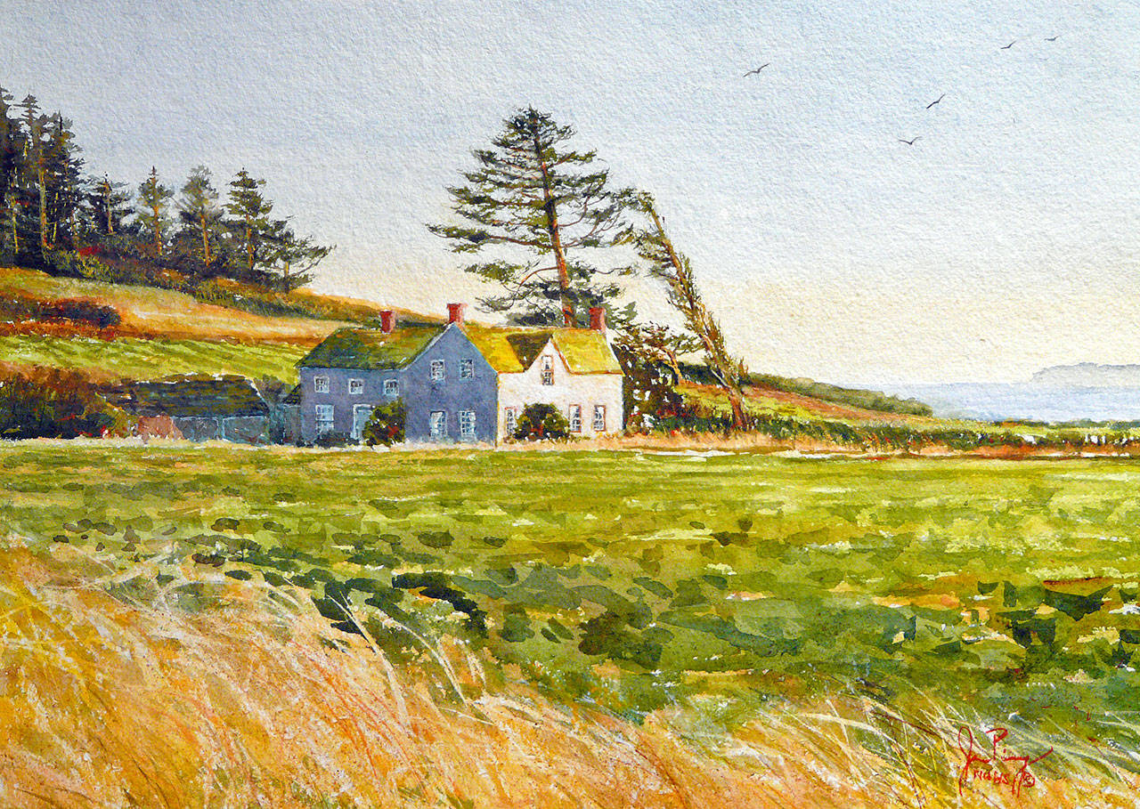 Joan Pinney’s painting of the Ferry House at Ebey’s Landing on Whidbey Island is displayed through October at the Arts of Snohomish gallery.