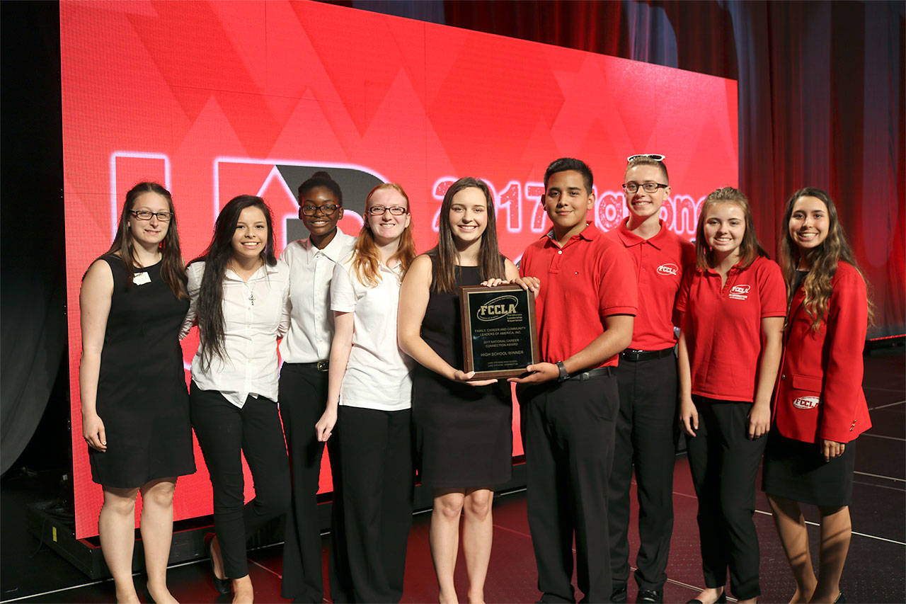 The Lake Stevens High School FCCLA team returned from a national competition over the summer with several medals and awards. Pictured from left are Grace Fortney, Meraiah Medellin, Destiny Otusanya, Savannah Pratt, Lauren Lindbloom, Carlos Rojo, Jacob Anderson, Maleah Plank, and Taylor Garcia. (Contributed photo)