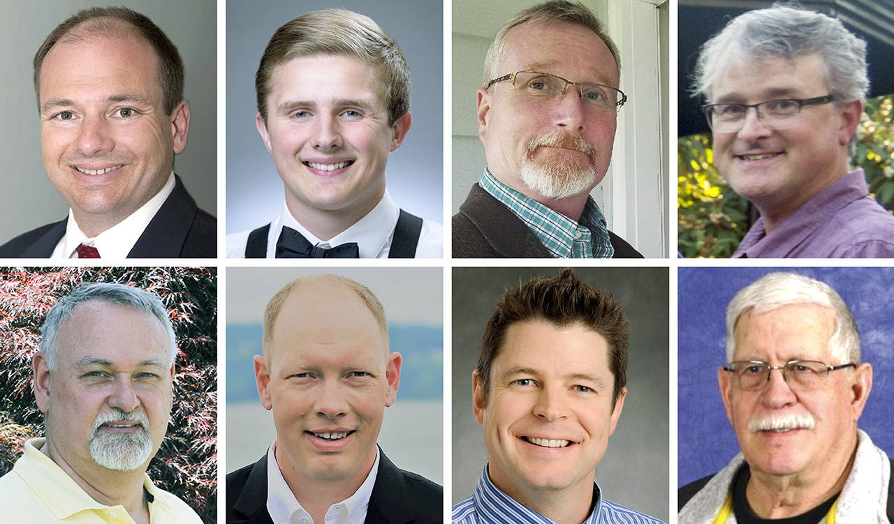 Monroe mayoral candidates (top left) Geoffrey Thomas and (bottom left) Jim Kamp; Monroe City Council candidates (top row, from second left) Jacob Walker, R. Todd Fredrickson and Kevin McDowell; and council candidates (bottom row, from second left) Jeff Rasmussen, Kevin Hanford and Kirk Scarboro.