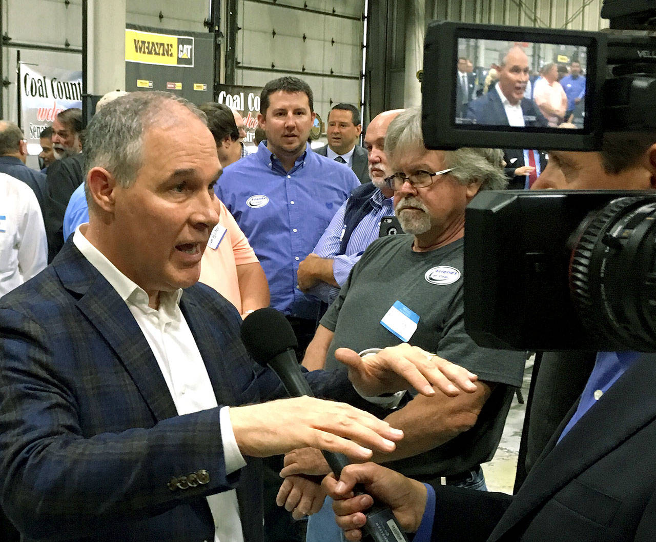 EPA Administrator Scott Pruitt talks to a reporter after speaking at Whayne Supply in Hazard, Kentucky, on Monday. (AP Photo/Adam Beam)