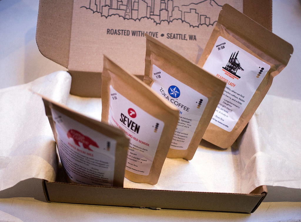 Four Bean Box coffees — Kenya, Tatoosh, Sumatra and Bearded Lady — were professionally prepared at Narrative Coffee on Oct. 3 in Everett. (Andy Bronson / The Herald)

