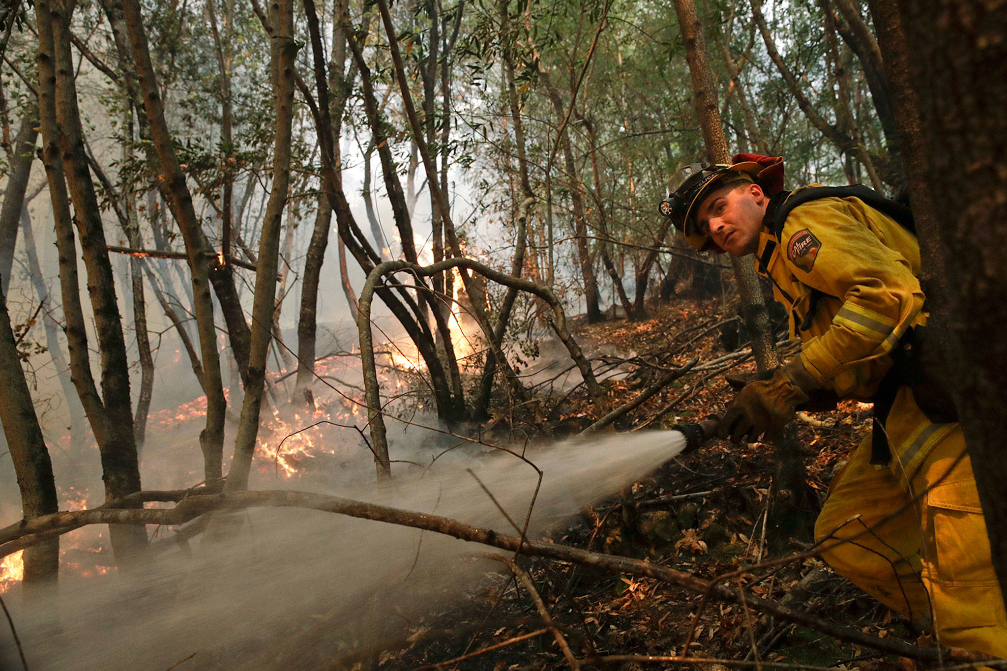 A firefighter puts out a hot spot at a wildfire Thursday near Calistoga, California. (AP Photo/Jae C. Hong)