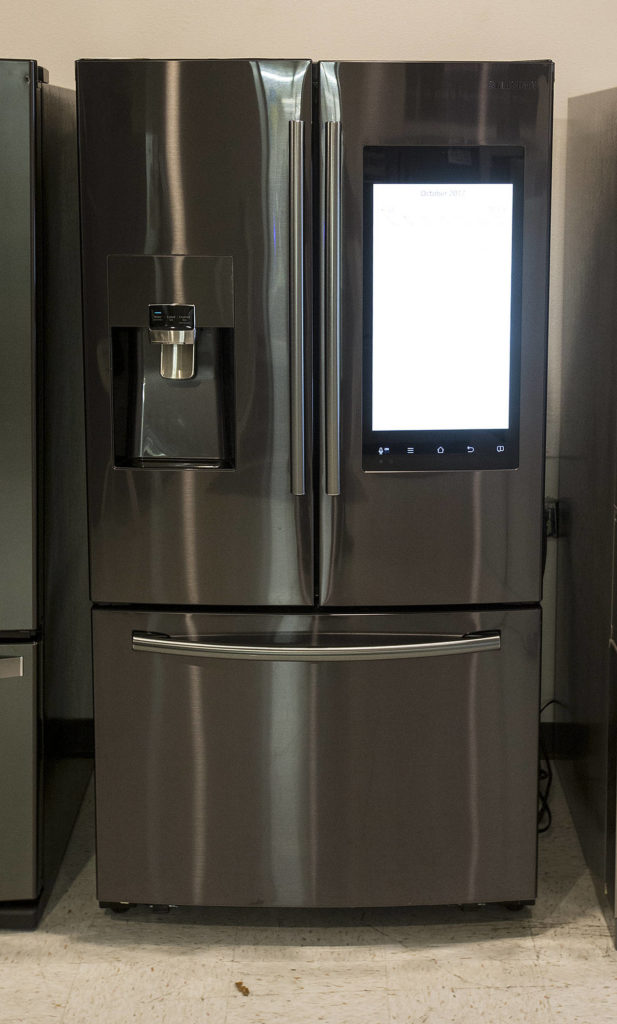 Samsung’s Family Hub model with a 21.5-inch LCD touchscreen will be one of the many products on display and on sale at the Everett Fall Home Show on Oct. 27, 28 and 29 at Xfinity Arena in Everett. (Ian Terry / The Herald)

