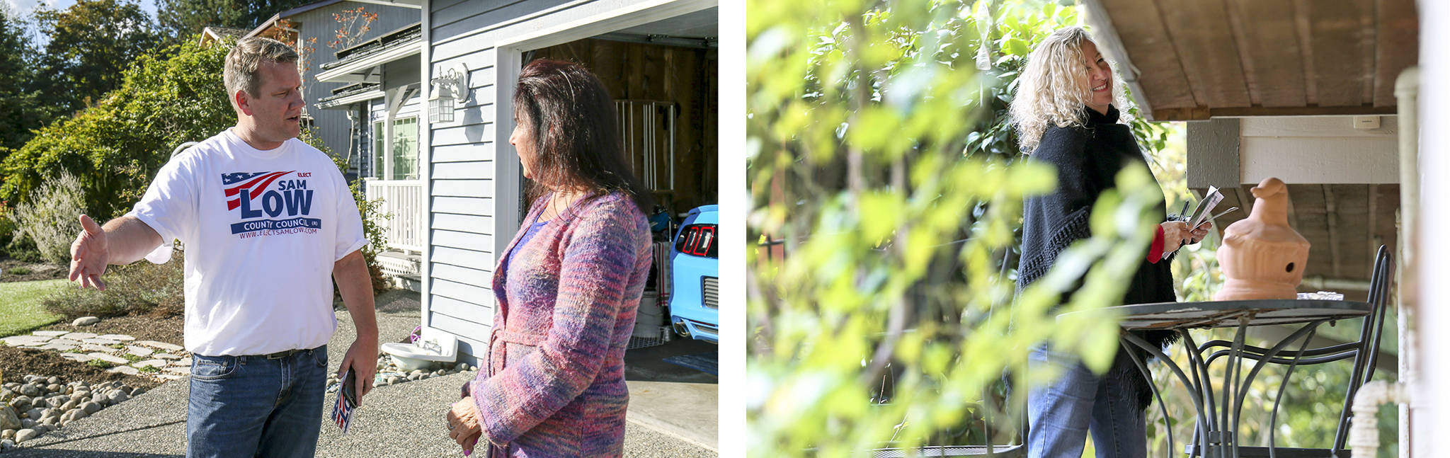 Left: Sam Low talks with Karen Peterson in unincorporated Everett on Oct. 8. Right: Kristin Kelly awaits a answer at a home in unincorporated Everett on Oct. 14. (Kevin Clark / The Herald)