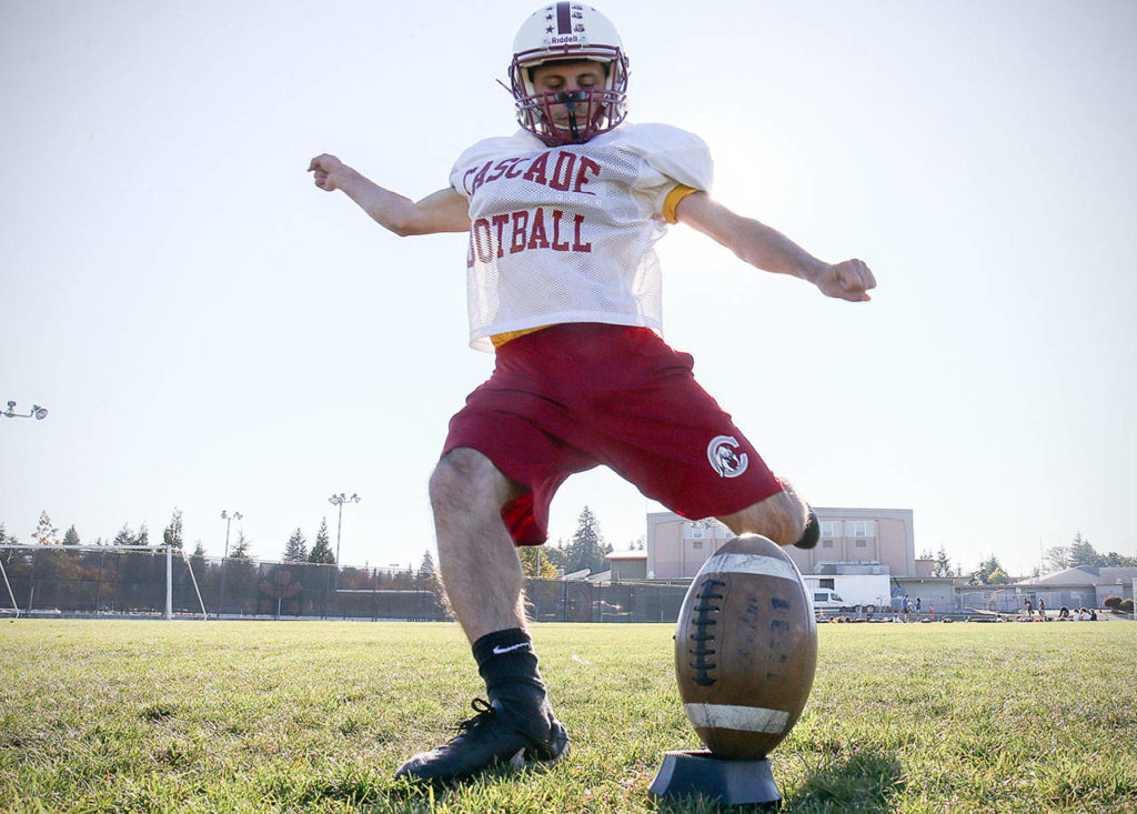 Cascade senior kicker Sarmad Aqrawi practices on Oct. 5, 2017, at Cascade High School in Everett. (Kevin Clark / The Herald)
