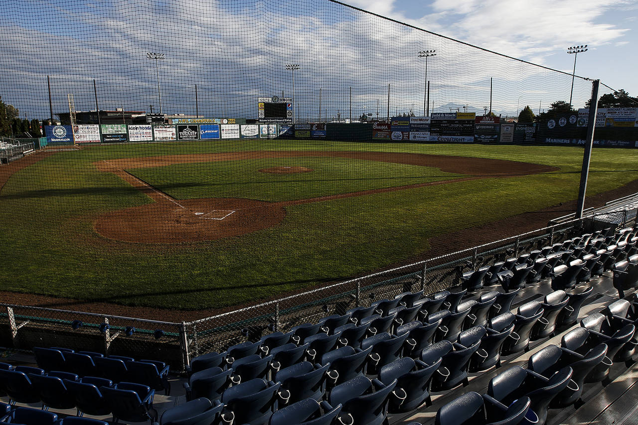 The natural grass baseball field at Everett Memorial Stadium will be converted to an artificial playing surface. (Ian Terry / The Herald)