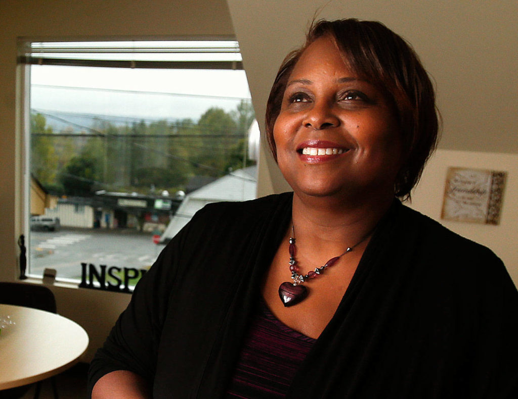 Everett Gospel Mission CEO Sylvia Anderson was awarded the Bethany of the Northwest Foundation’s Raili M. Hanson Inspirational Award on Wednesday. (Dan Bates / The Herald)
