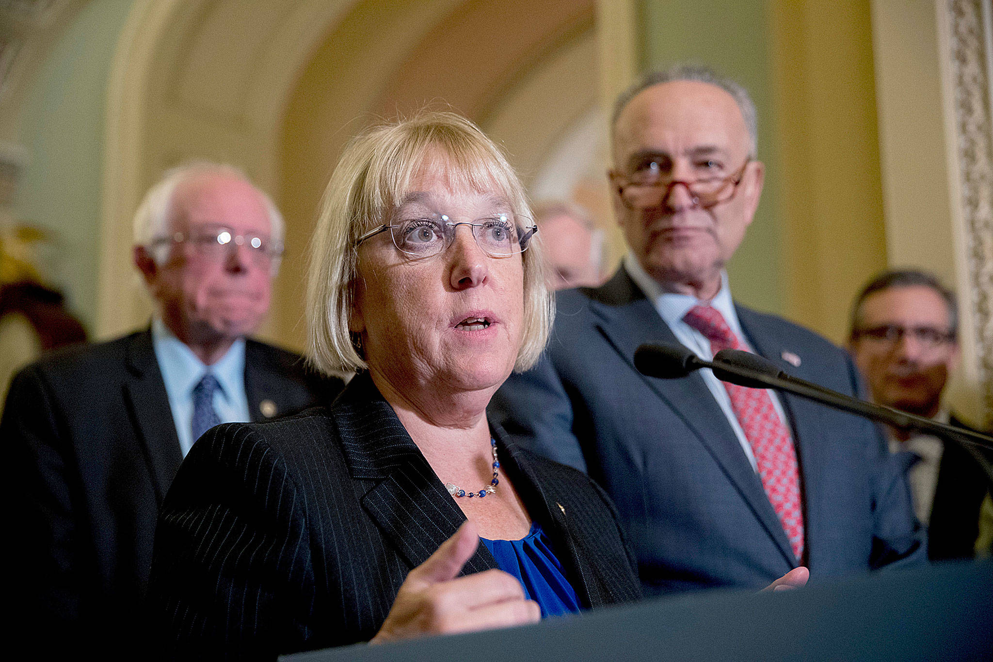 Sen. Patty Murray, D-Wash., speaks on Capitol Hill on Tuesday, after she and Sen. Lamar Alexander, R-Tenn., said they have the “basic outlines” of a bipartisan deal to resume payments to health insurers that President Donald Trump has blocked. (Andrew Harnik / Associated Press)