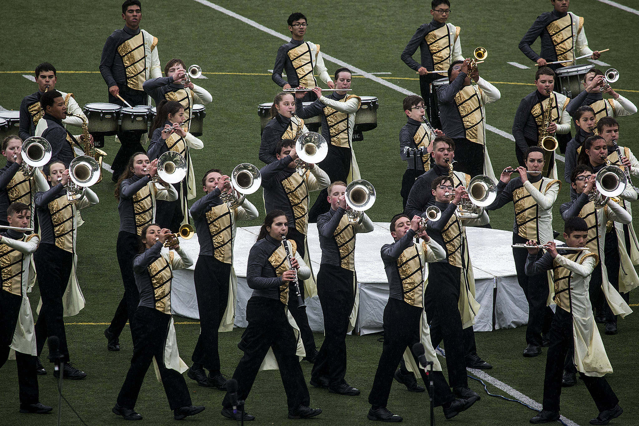 The Kamiak marching band performs at the Puget Sound Festival of Bands, hosted by Cascade High School at Everett Memorial Stadium on Saturday, Oct. 21. (Ian Terry / The Herald)