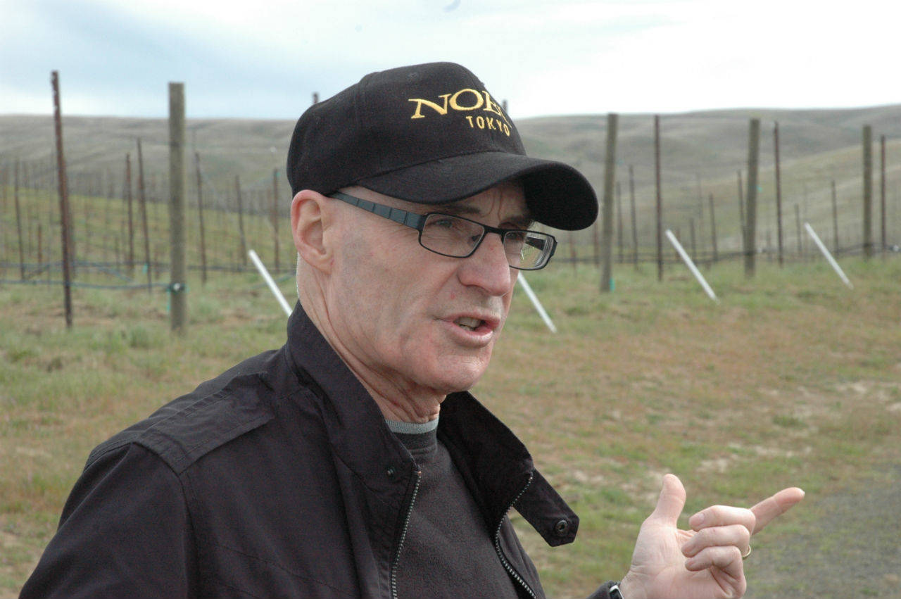 Woodward Canyon owner Rick Small stands in his estate vineyard near his winery at the Walla Walla Valley town of Lowden (photo by Andy Perdue/Great Northwest Wine)