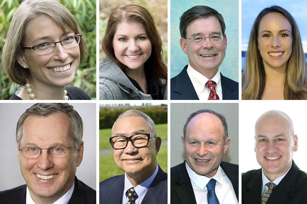 Mukilteo mayoral candidates (top left) Jennifer Gregerson and (bottom left) Dan Matthews; Mukilteo City Council candidates (top L-R) Anna Rohrbough, Bob Champion, Sarah Kneller; (bottom L-R) James Yoo, Peter Zieve, Tony Markey.