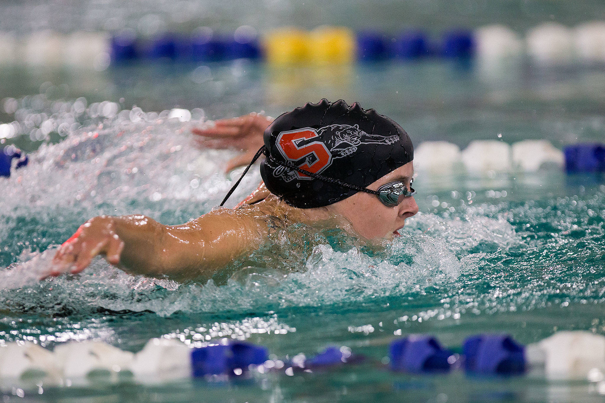Snohomish’s Anna Frediani wins the 100 yard butterfly as the girls’ swim team took on Lake Stevens at a meet in the Snohomish Aquatic Center on Tuesday, Oct. 17, 2017 in Snohomish, Wa. (Andy Bronson / The Herald)
