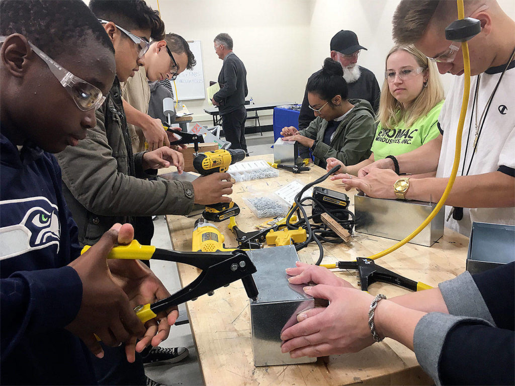 Cascade High School students built sheet metal boxes at AMTEC and toured The Boeing Company as part of National Manufacturing Week the first week of October. (Contributed photo)
