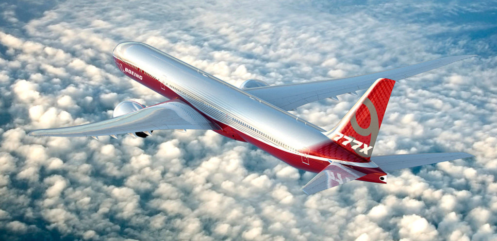 An artist’s rendering of the Boeing 777-9 — one of the models in the new 777X family. (Boeing Co.)
