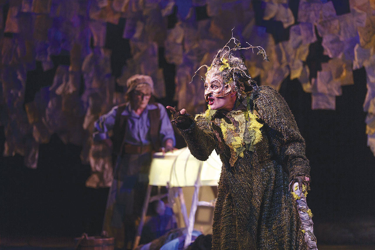 Mari Nelson as the witch in Village Theatre’s “Into the Woods” troubles the other characters of the fractured fairy tales. The musical opens Oct. 27 in Everett. (Mark Kitaoka photo)
