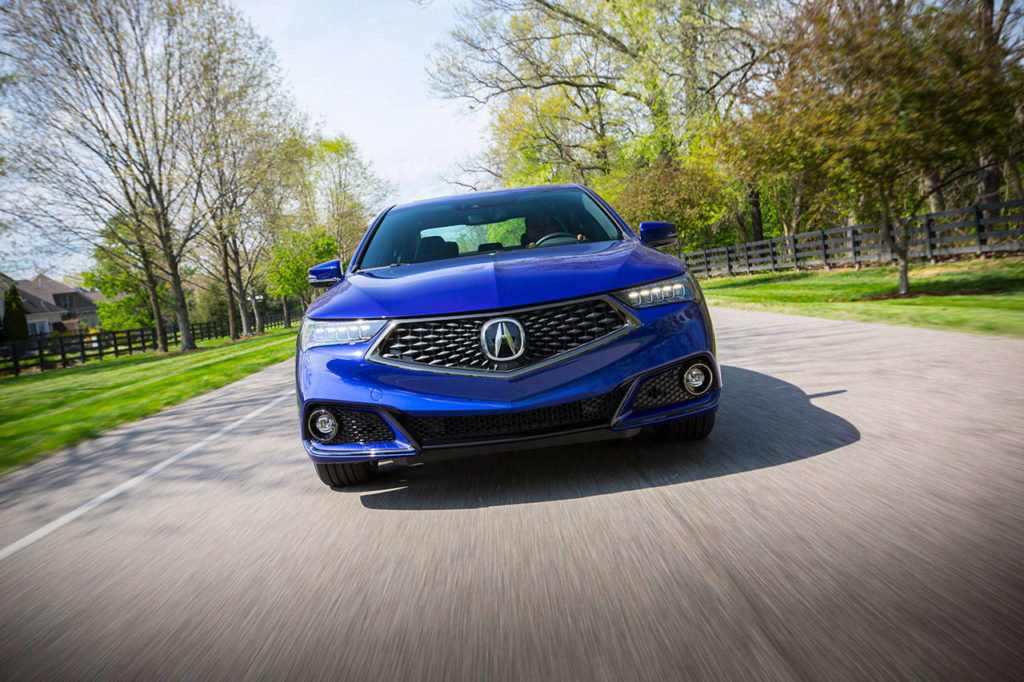 The 2018 Acura TLX A-Spec model is distinguished by a matte-black diamond pentagon grille with dark chrome surround and an aggressive lower front fascia. (Manufacturer photo)
