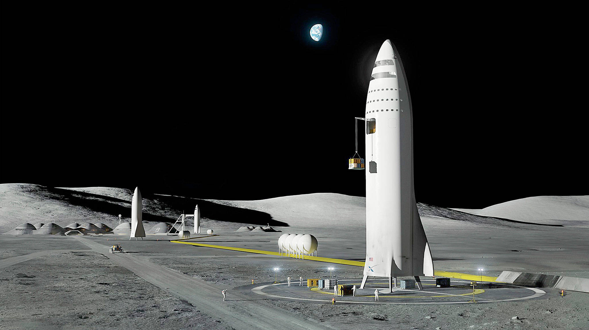 This artist’s rendering shows SpaceX’s new mega-rocket design on Earth’s moon. (SpaceX)