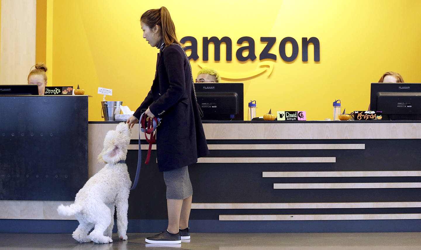 Elaine Thompson / associated press                                 An Amazon employee gives her dog a biscuit as the pair head into a company building, where dogs are welcome, in Seattle.