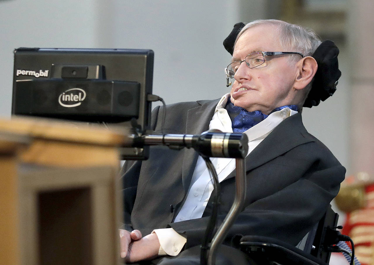 In this March 6 photo, Britain’s Professor Stephen Hawking receives the Honorary Freedom of the City of London during a ceremony at the Guildhall in the City of London. (AP Photo/Matt Dunham, file)