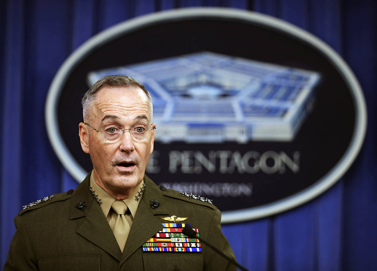 Joint Chiefs Chairman Gen. Joseph Dunford speaks to reporters about the Niger operation during a briefing at the Pentagon on Monday. (AP Photo/Manuel Balce Ceneta)