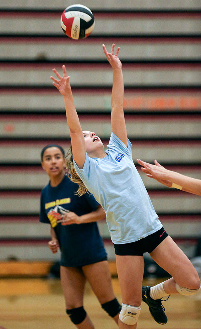 Mountlake Terrace High setter Sophie Parsons sets the ball during volleyball practice on Monday, Oct. 30, 2017 in Mountlake Terrace, Wa. (Andy Bronson / The Herald)                                Mountlake Terrace’s Sophie Parsons sets the ball during the team’s practice on Monday in Mountlake Terrace. Parsons, a senior, has been a leader for the Hawks this season. (Andy Bronson / The Herald)