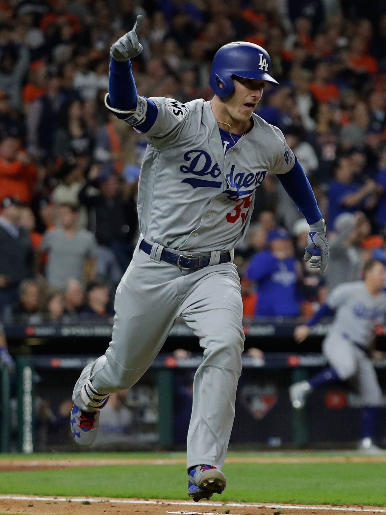 Los Angeles’ Cody Bellinger reacts Saturday after hitting a double during the ninth inning of Game 4 of the 2017 World Series in Houston. (AP Photo/David J. Phillip)