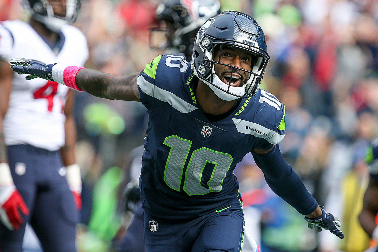 Seahawks wide receiver Paul Richardson celebrates one of his two touchdown receptions Sunday afternoon at CenturyLink Field on October 29, 2017. (Kevin Clark / The Herald)