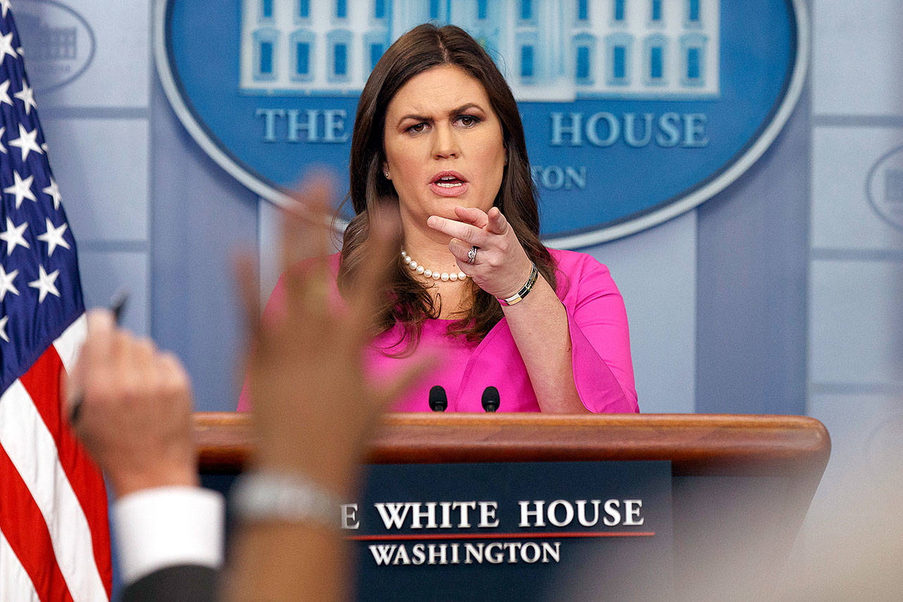White House press secretary Sarah Huckabee Sanders speaks during the daily press briefing on Monday in Washington. (AP Photo/Evan Vucci)