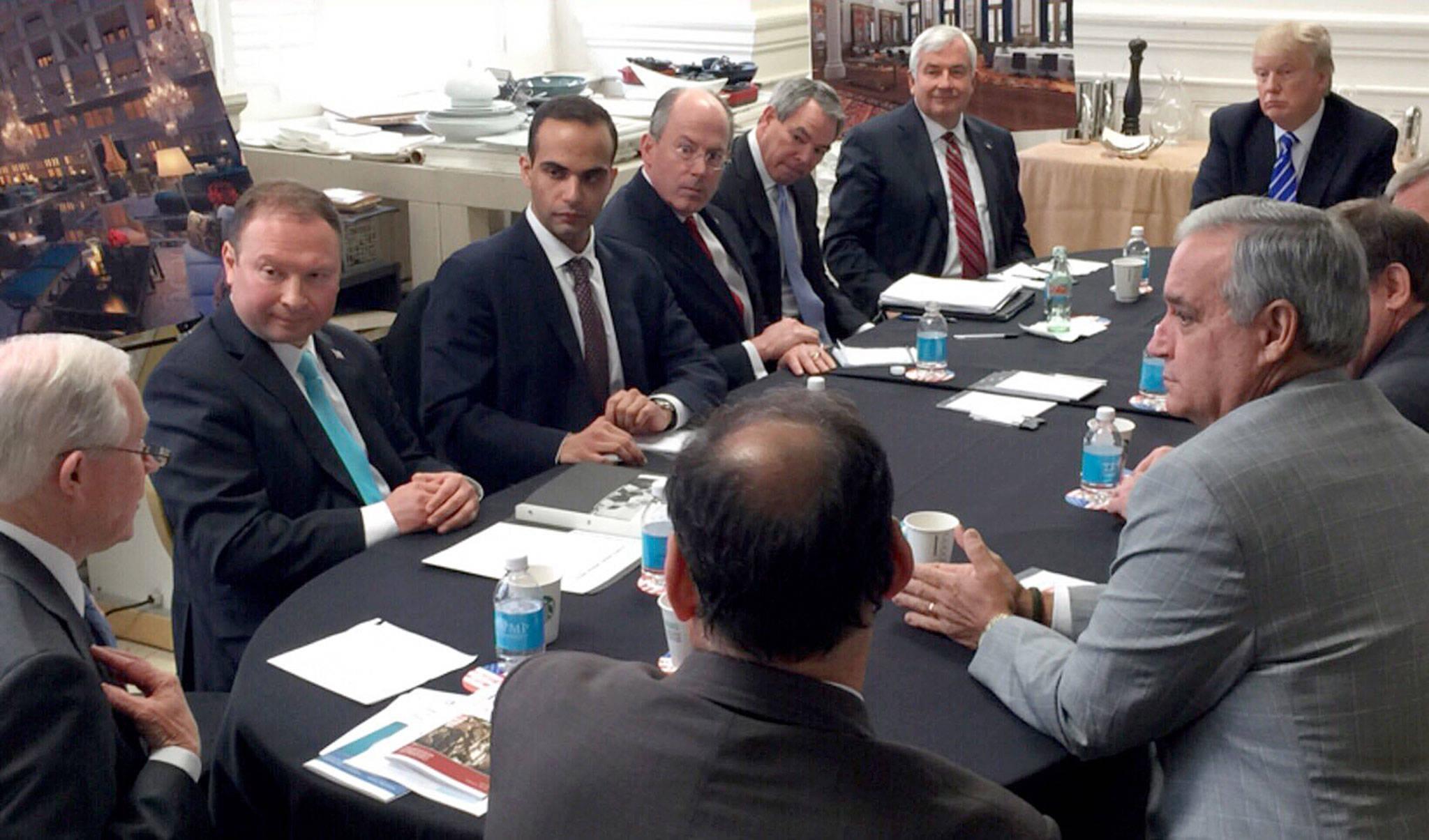 In this photo from President Donald Trump’s Twitter account, George Papadopoulos (third from left) sits at a table with then-candidate Trump and others at what was labeled a national security meeting in Washington that was posted on March 31, 2016. (Donald Trump’s Twitter account via AP)