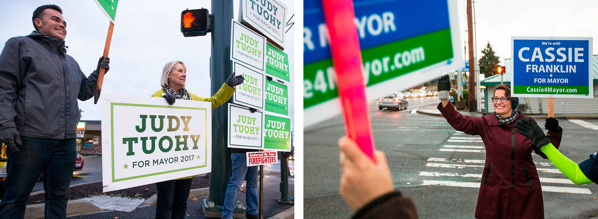 Everett mayoral candidates Judy Tuohy (left) and Cassie Franklin hit the streets on Friday. (Andy Bronson / The Herald)