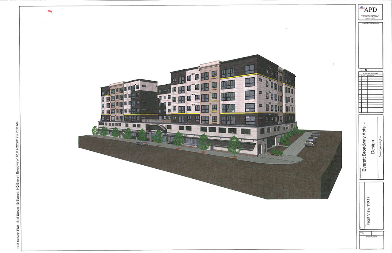 City of Everett                                A digital rendering shows design plans for a proposed 140-unit senior apartment complex on Broadway in Everett.