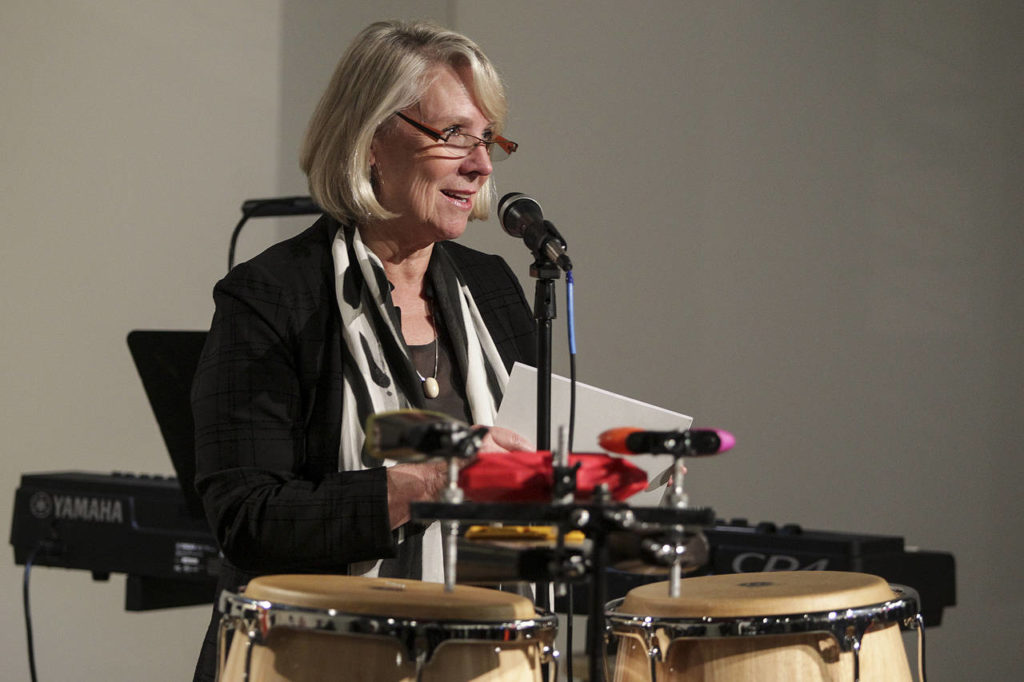 Everett mayoral candidate Judy Tuohy thanks her staff for their work on her campaign during an election night party at Schack Art Center in downtown Everett on Tuesday. (Ian Terry / The Herald)
