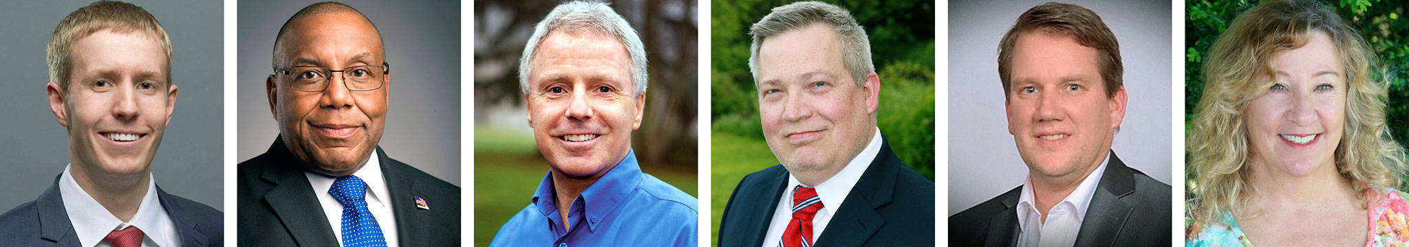 Snohomish County Council candidates are (from left) Nate Nehring, Ray Miller, Terry Ryan, Marcus Barton, Sam Low and Kristin Kelly.