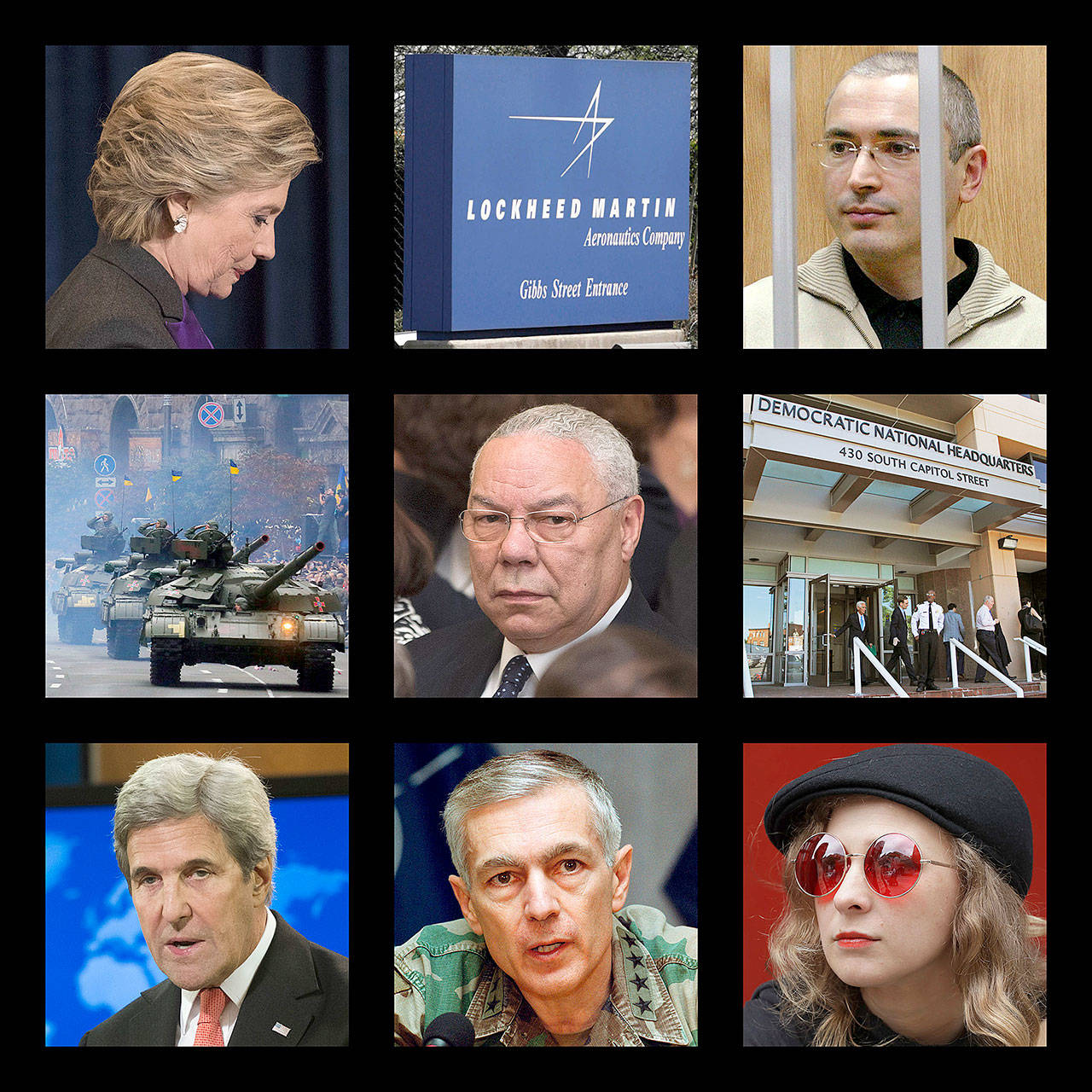These people and organizations were among the thousands targeted by the hacking group Fancy Bear, which disrupted the 2016 U.S. presidential election. Fancy Bear had ambitions well beyond Hillary Clinton’s campaign, according to a previously unpublished digital hit list obtained by The Associated Press. Top row, from left: Clinton; the logo of the defense contractor Lockheed Martin; and former Russian oil tycoon Mikhail Khodorkovsky. Middle row: tanks at a military parade in Kiev, Ukraine; former U.S. Secretary of State Colin Powell; and the Democratic National Committee headquarters in Washington. Bottom row: former Secretary of State John Kerry; former NATO Supreme Commander Wesley Clark; and Maria Alekhina of the Russian punk band Pussy Riot. (AP Photo)