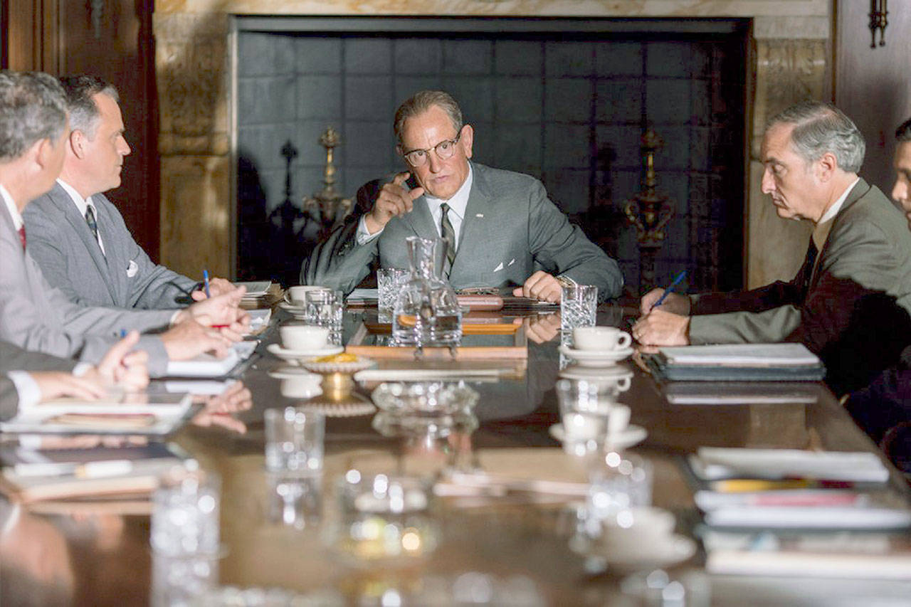 Woody Harrelson as Lyndon Baines Johnson squares off with Michael Stahl-David’s Robert F. Kennedy, Jr., in the Rob Reiner biopic “LBJ.” ( Electric Entertainment)
