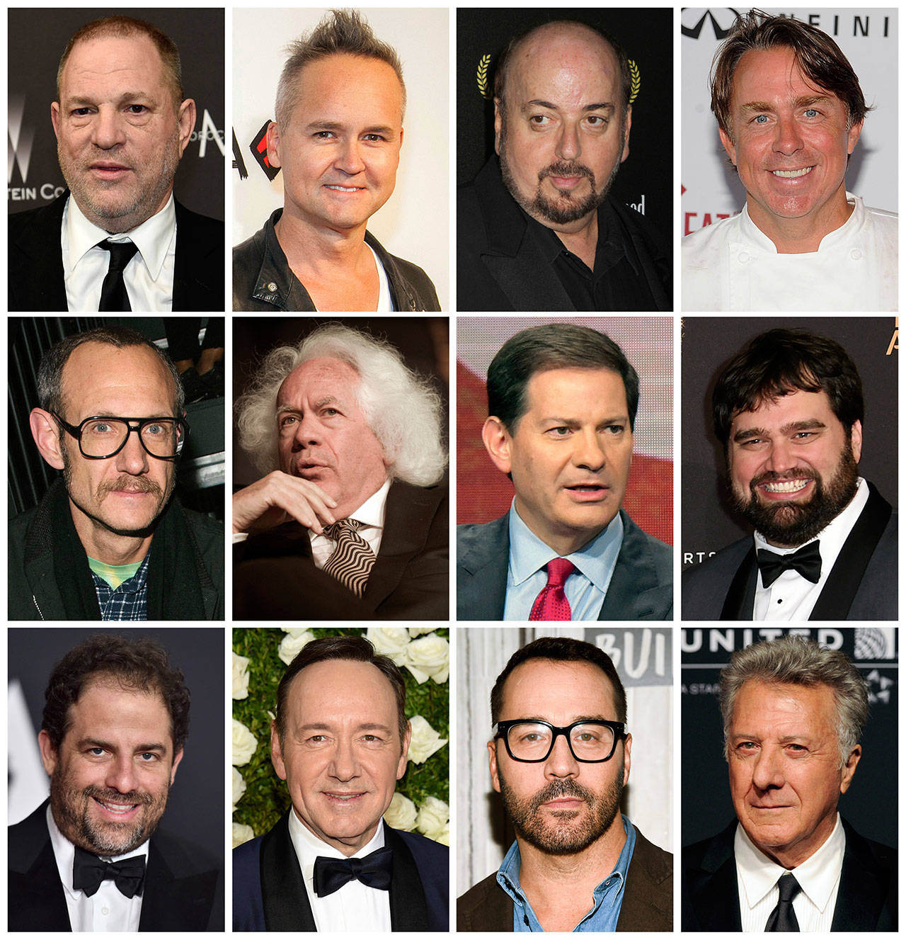 This combination photo shows (top row from left) film producer Harvey Weinstein, former Amazon Studios executive Roy Price, director James Toback, New Orleans chef John Besh, middle row from left, fashion photographer Terry Richardson, New Republic contributing editor Leon Wiseltier, former NBC News political commentator Mark Halperin, former Defy Media executive Andy Signore, and bottom row from left, filmmaker Brett Ratner, actor Kevin Spacey, actor Jeremy Piven and actor Dustin Hoffman. In the weeks since the string of allegations against Weinstein first began, an ongoing domino effect has tumbled through not just Hollywood but at least a dozen other industries. (Associated Press file photos)