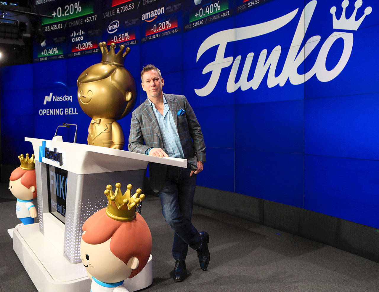 Funko CEO Brian Mariotti prepares to ring the Nasdaq opening bell in celebration of the company’s initial public offering of stock in New York on Thursday. (Nasdaq)