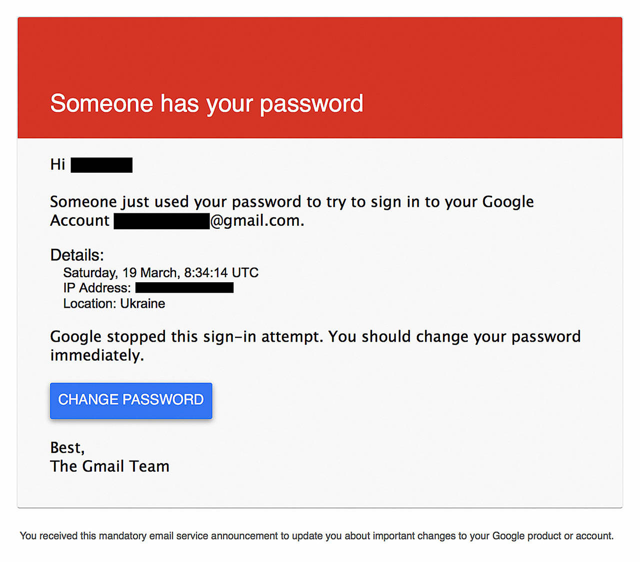 A portion of a phishing email sent to a Hillary Clinton campaign official March 19, 2016. (AP Photo)