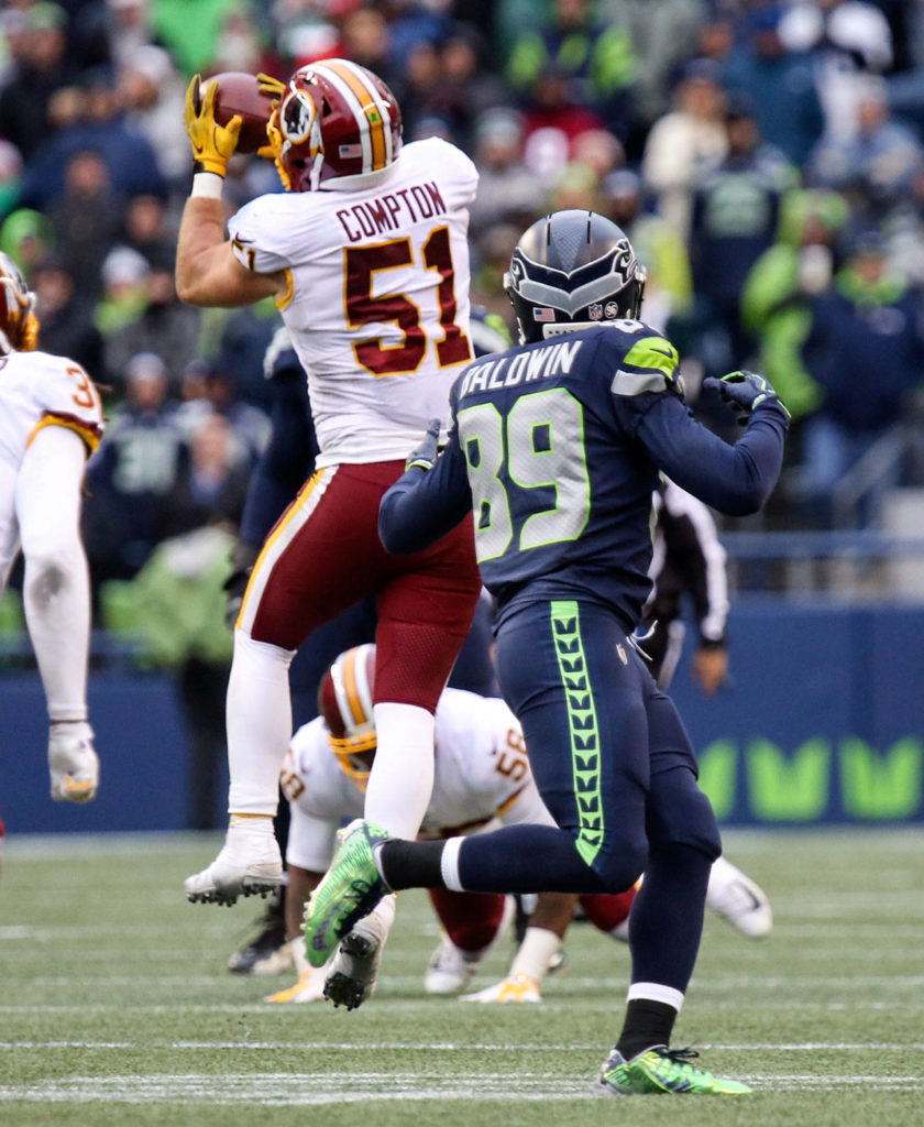 Redskins Will Compton intercepts a pass intended for Seahawks wide receiver Doug Baldwin Sunday afternoon at CenturyLink Field in Seattle on November 5, 2017. Redskins won 17-14. (Kevin Clark / The Herald)
